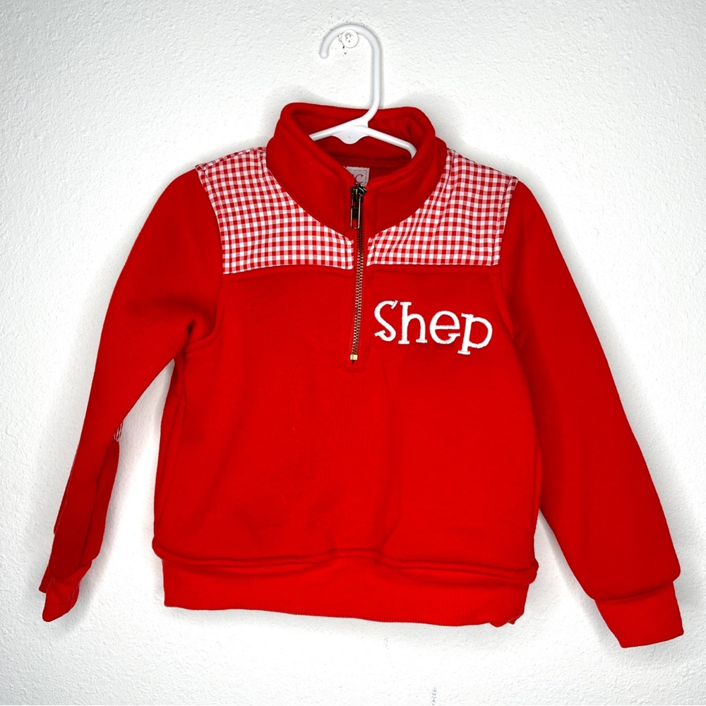 quarter zip pullover red check monogram shep